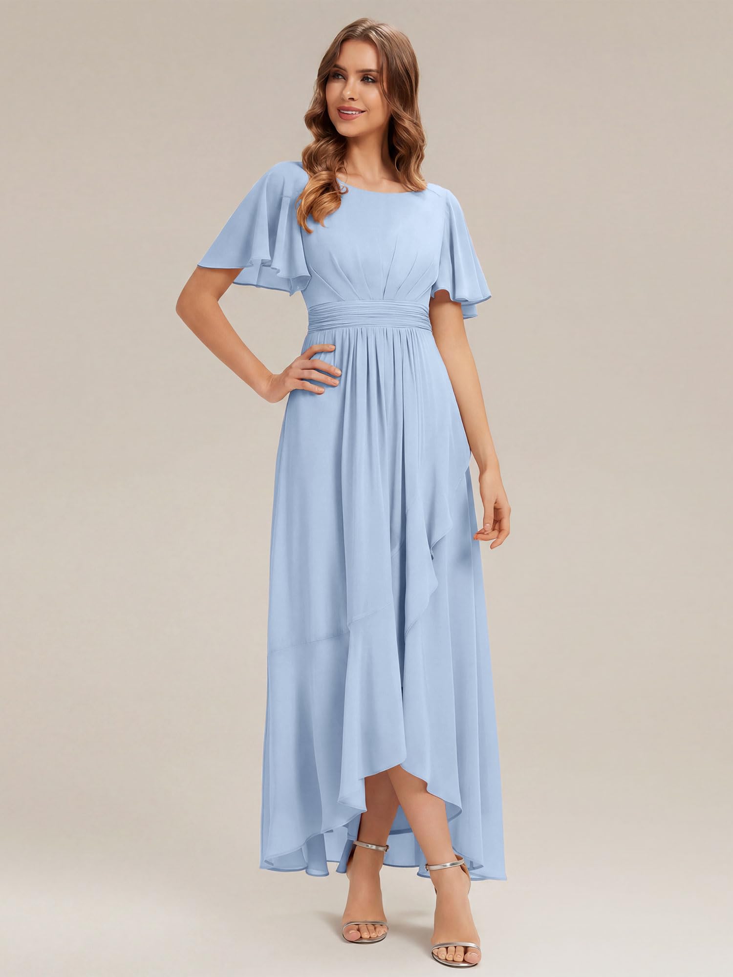 Ever-Pretty Abiti da Damigella Collo Rotondo Maniche Corte Chiffon High Low Sbordi Asimmetrici ES02708