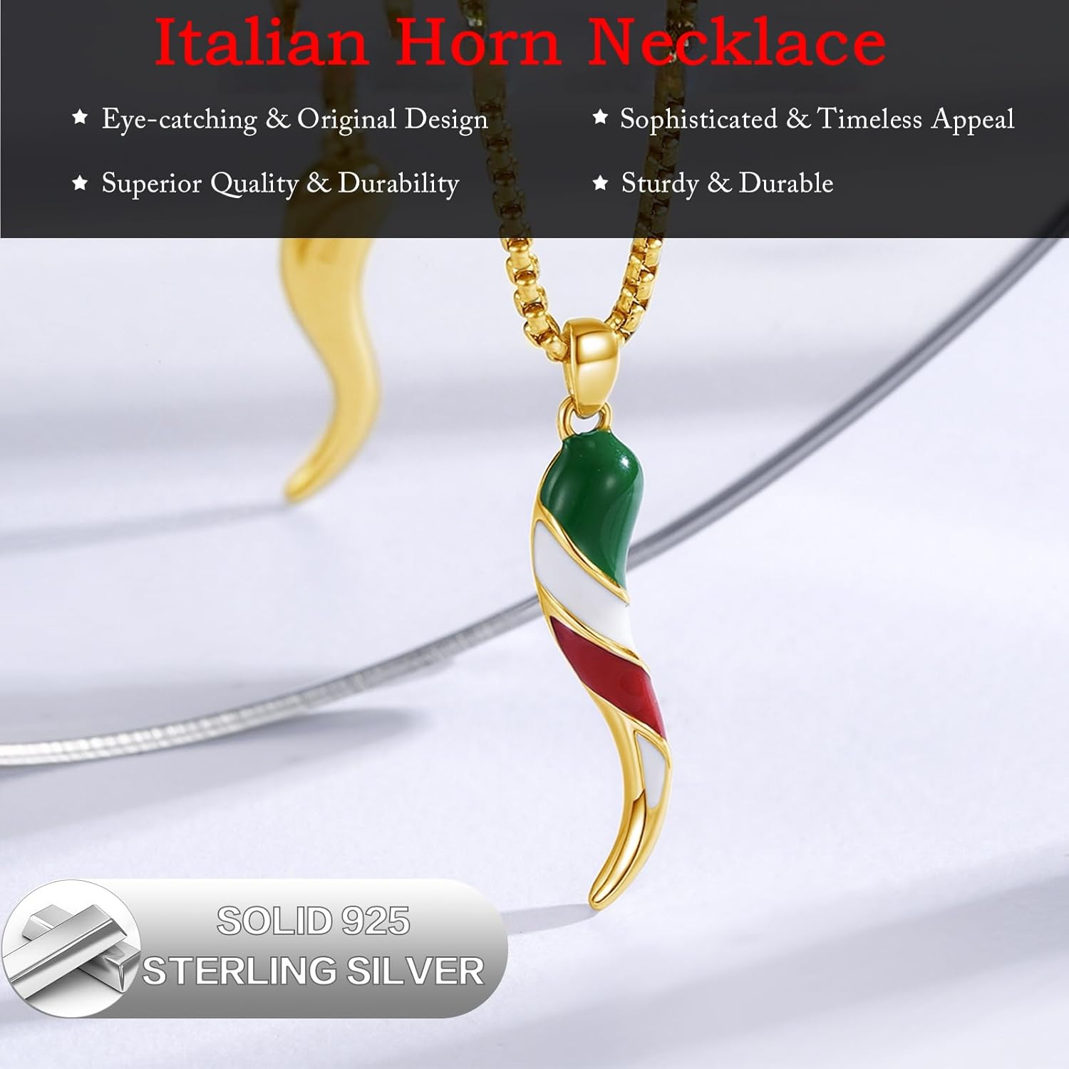 925 Sterling Silver Italian Horn Necklace Good Luck Cornicello Pendant with 22"+2" Stainless Steel Chain