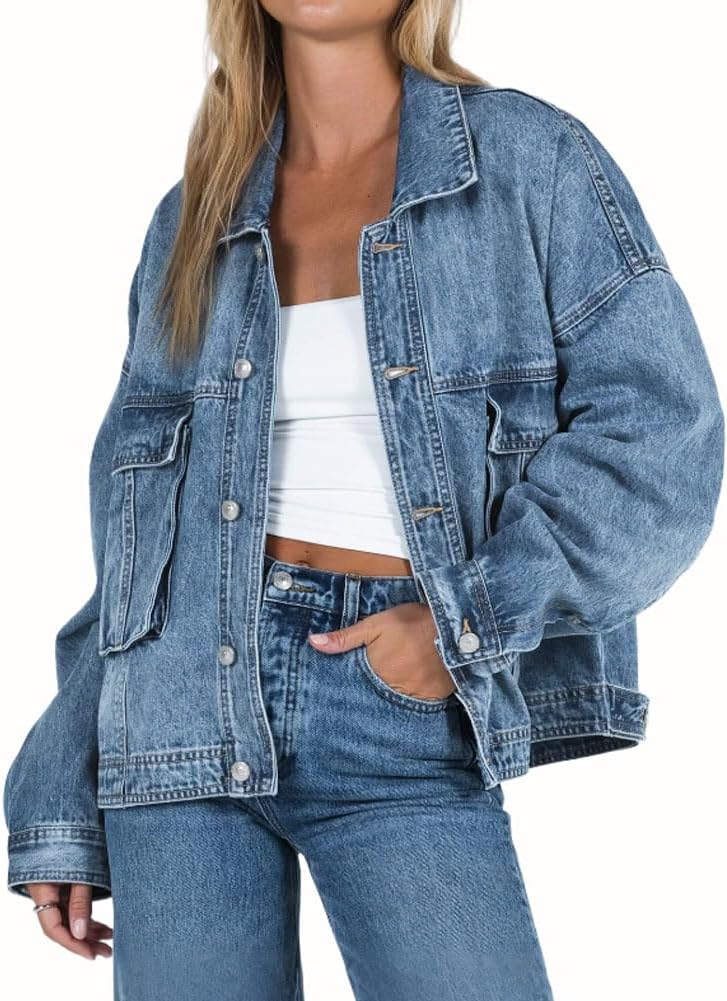 chouyatou Women's 2025 Fall Boyfriend Denim Jacket Y2K Casual Button Down Oversized Jean Jacket Shackets