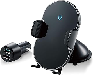 エレコム ワイヤレス充電器 Qi充電器 5W 7.5W 10W 車載ホルダー 自動開閉 ゲル吸盤 シガーチャージャー付属 ブラック W-QC07BK