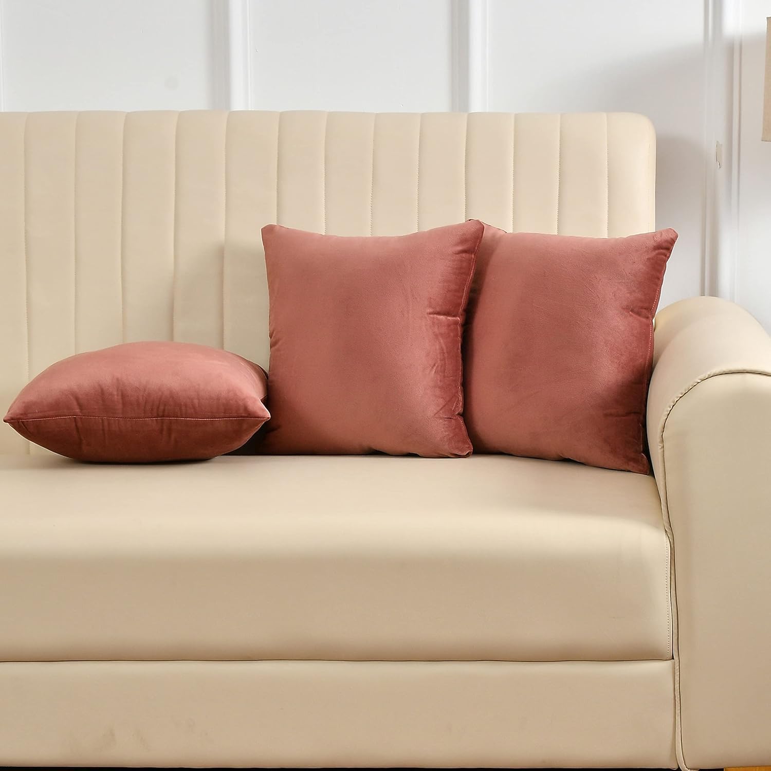 aeTHEric Velvet Soft Washable Cushion Cover for Sofa Couch Bed Chair in Peach 14x14 Pack of 3-picture-26