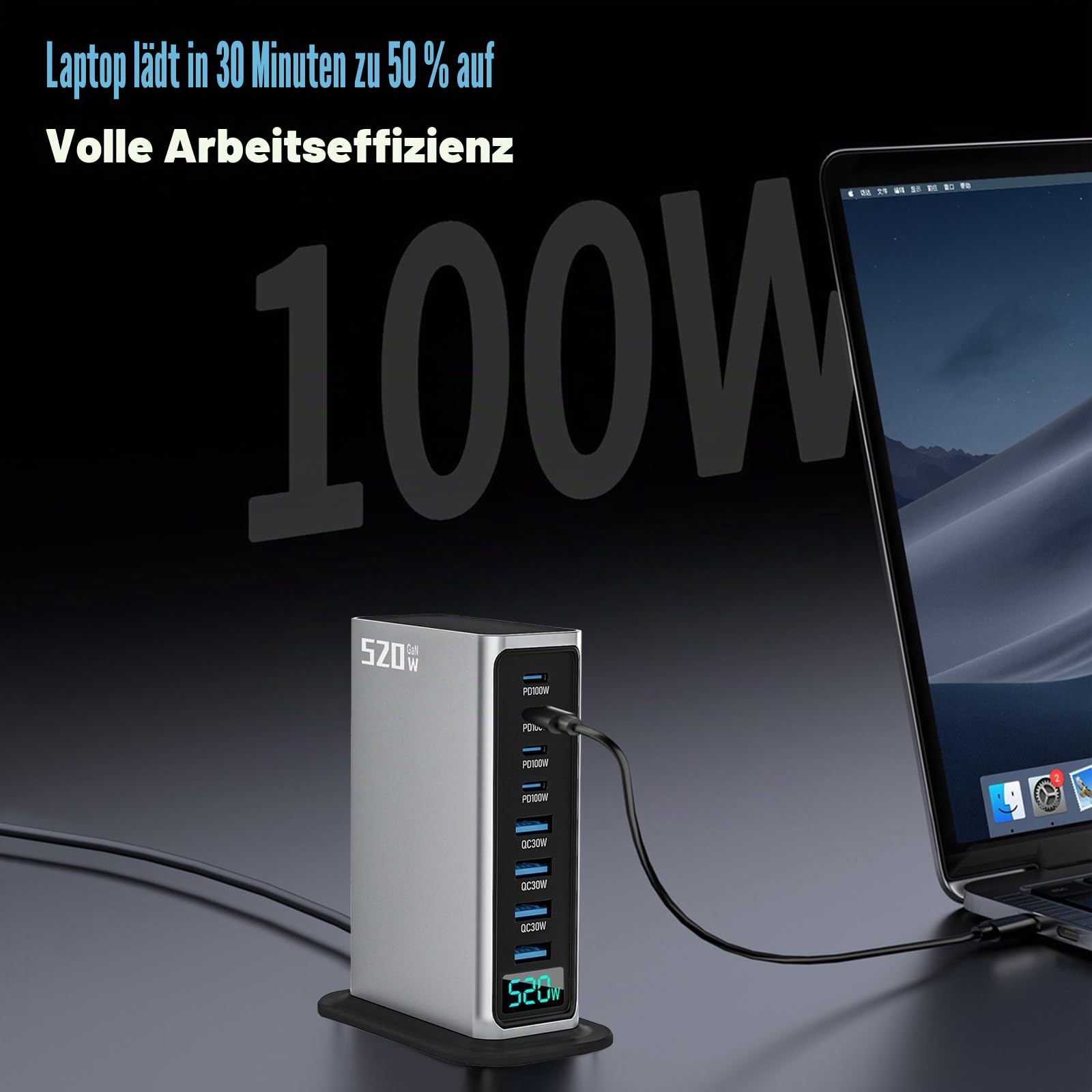 USB Schnellladegerät, 520W USB C Ladegerät Mehrfach mit Digitalanzeige, 8 Port USB Charging Station mit GAN III und PD 3.0, Schnellladestation mit 4USB C & 4USB A für Telefon, Tablets, Laptop