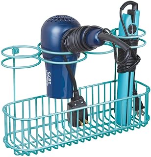 mDesign Metal Wire Cabinet/Wall Mount Hair Care & Styling Tool Organizer - Bathroom Storage Basket for Hair Dryer, Flat Iron, Curling Wand, Hair Straightener, Brushes - Holds Hot Tools - Teal/Blue