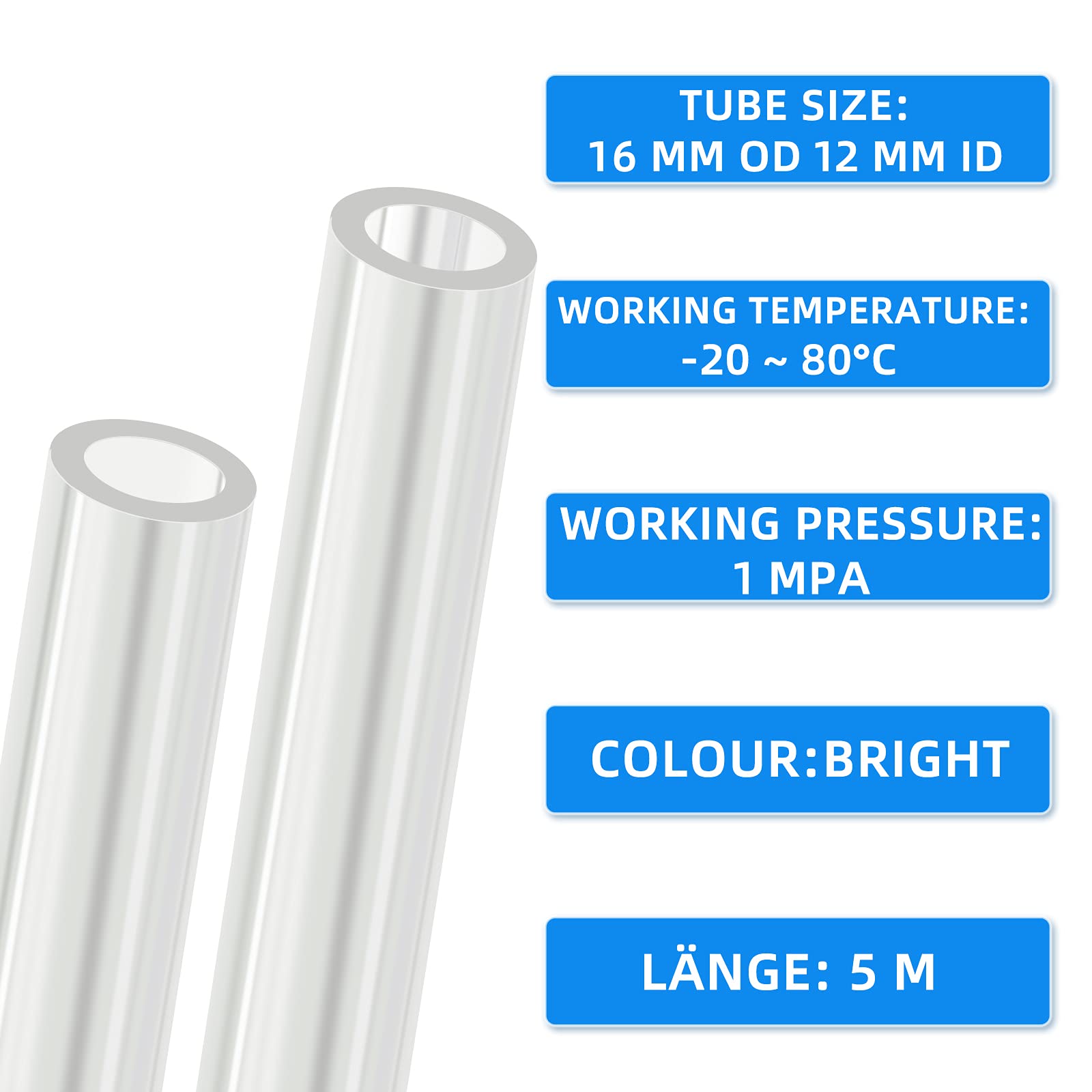 Bright 5M Polyuréthane PU Air Tuyau Tuyau Kit, 16mm OD x 12mm ID Sans Raccords