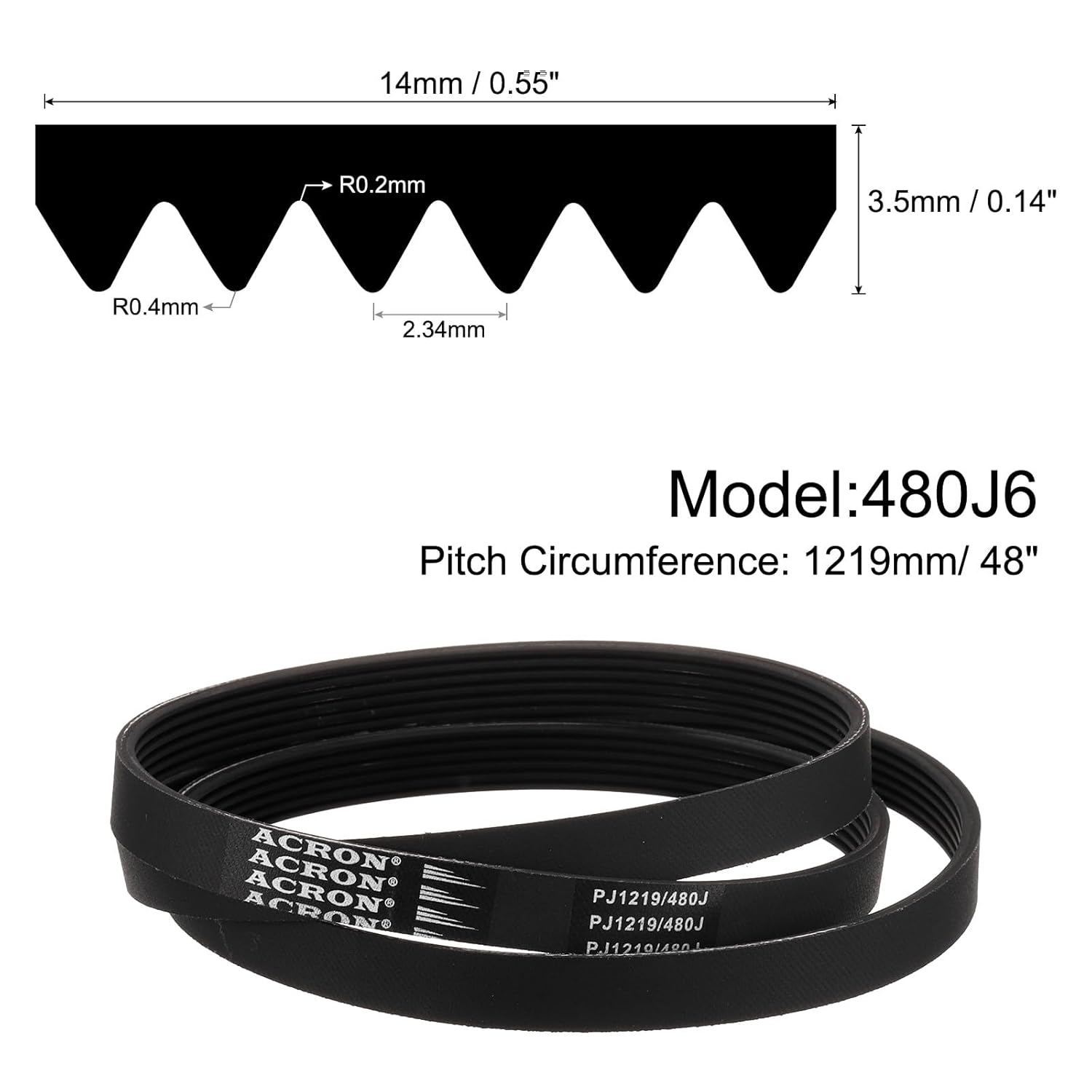 uxcell 2pcs 480J6 PJ V-Ribbed Belt 6 Ribs 48" Length x 0.55" Width x 0.14" Height, EPDM Rubber Poly V Belt, Multi Wedge Micro V Belt
