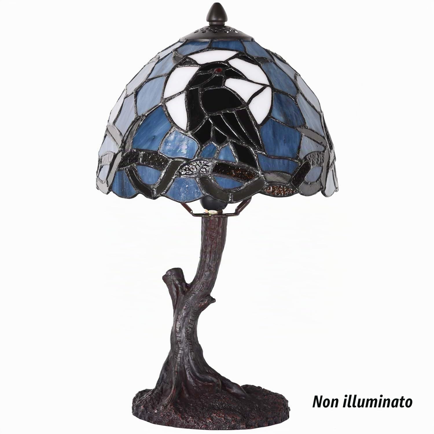 Bieye L32010 Corvo seduto su un ramo nudo durante la notte di luna piena, lampada da tavolo in vetro colorato in stile Tiffany per l'arredamento di interni (blu scuro, 8 L x 14 H piccolo)