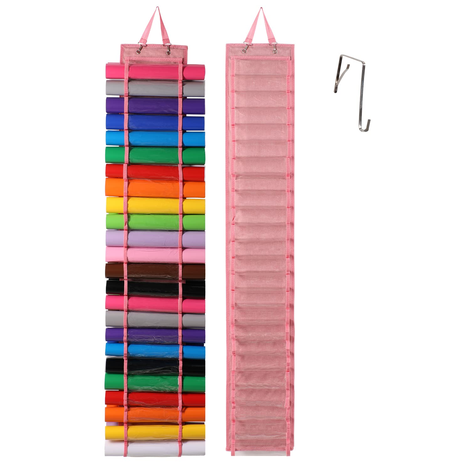 Vinyl Roll Holder with 48 Compartments - Clear Vinyl Storage Organizer Wall Mount/Over The Door, Hanging Craft Storage Rack with Door Hooks and Strap (pink)