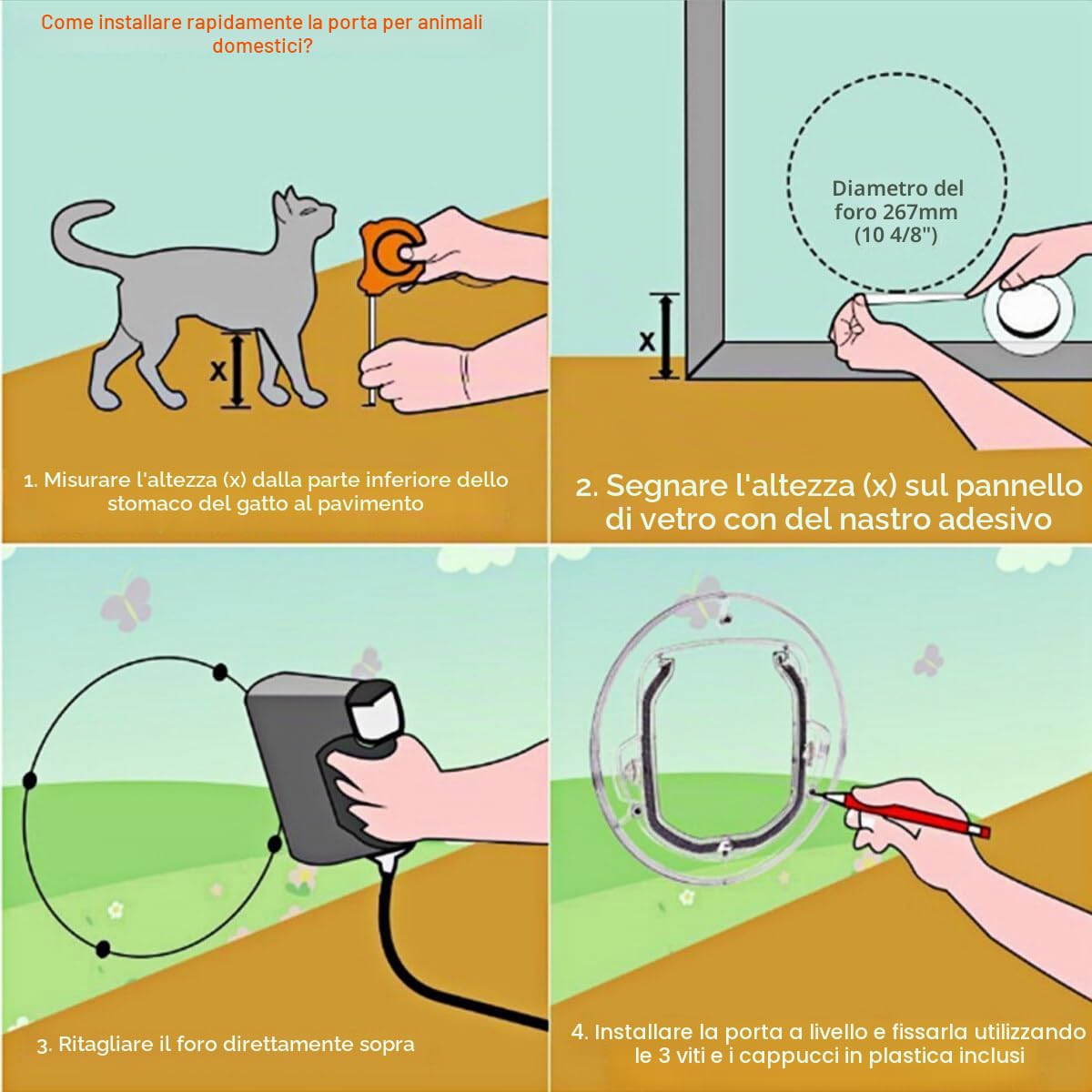 Porta per gatti per porte interne ed esterne, trasparente a 4 vie, con chiusura a 4 vie, cancello rotondo resistente, kit rivestimento gatti cuccioli