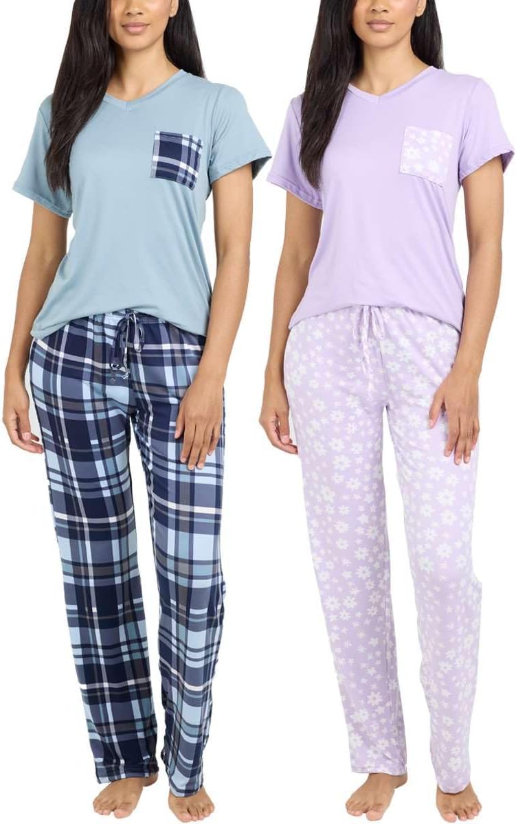 Real Essentials 2 Pack: Women's Pajama Set - Choose from Short Sleeve with Pocket or Long Sleeve without Pocket