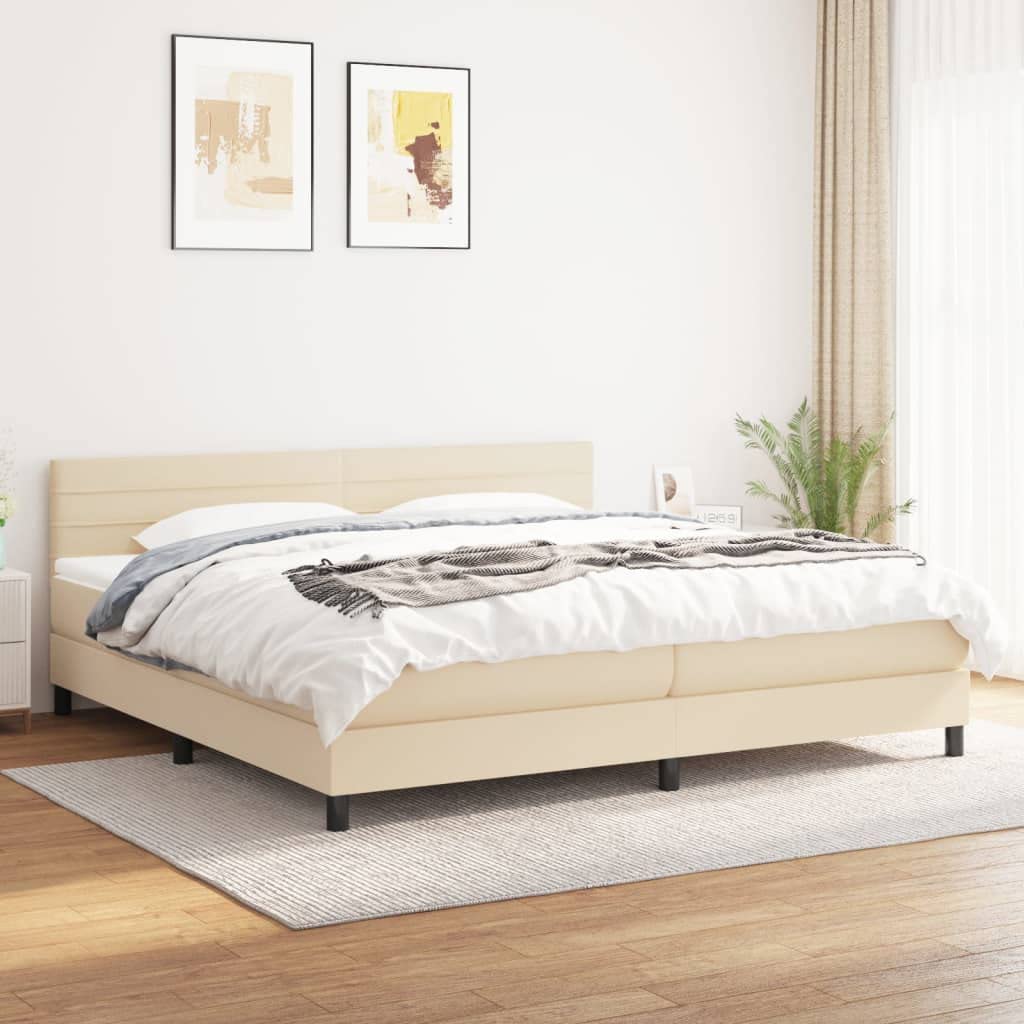 Tkanina oddychająca z regulowanym zagłówkiem 200x200 cm kremowy | Łóżko kontynentalne z materacem kremowe 200x200 tkanina z zagłówkiem sprężynowy regulowany