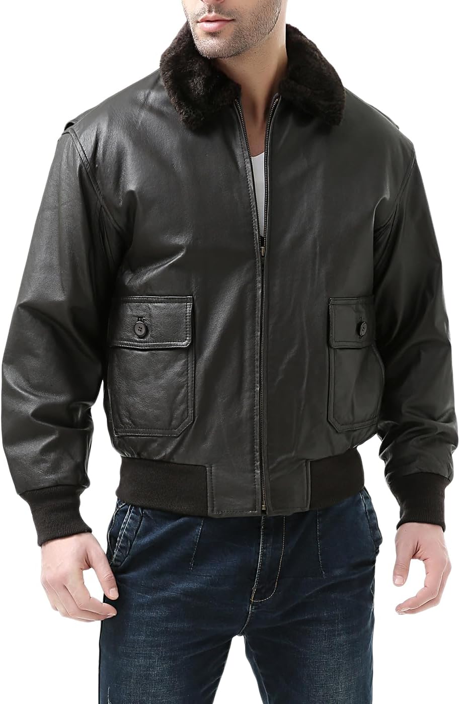 Landing Leathers Men Navy G-1 Distressed Leather Flight Bomber Jacket (Also available in Big & Tall) - Image 2