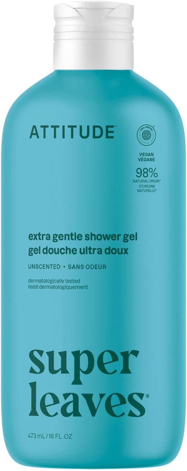 ATTITUDE Body Wash, EWG Verified Shower Gel, Dermatologically Tested, Plant and Mineral-Based, Vegan Personal Care Products, Extra Gentle, Unscented, 16 Fl Oz