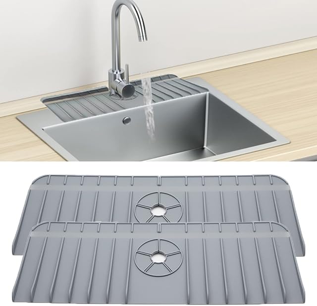 2 PCS Kitchen Faucet Splash Catcher Pad,Kitchen Sink Faucet Splash Guard,Faucet Drain Drying Silicone Mat for Kitchen,Bathroom.Silicone Faucet Handle Drip Catcher Tray,Sink Mat,Dish Drying Mat (Grey)