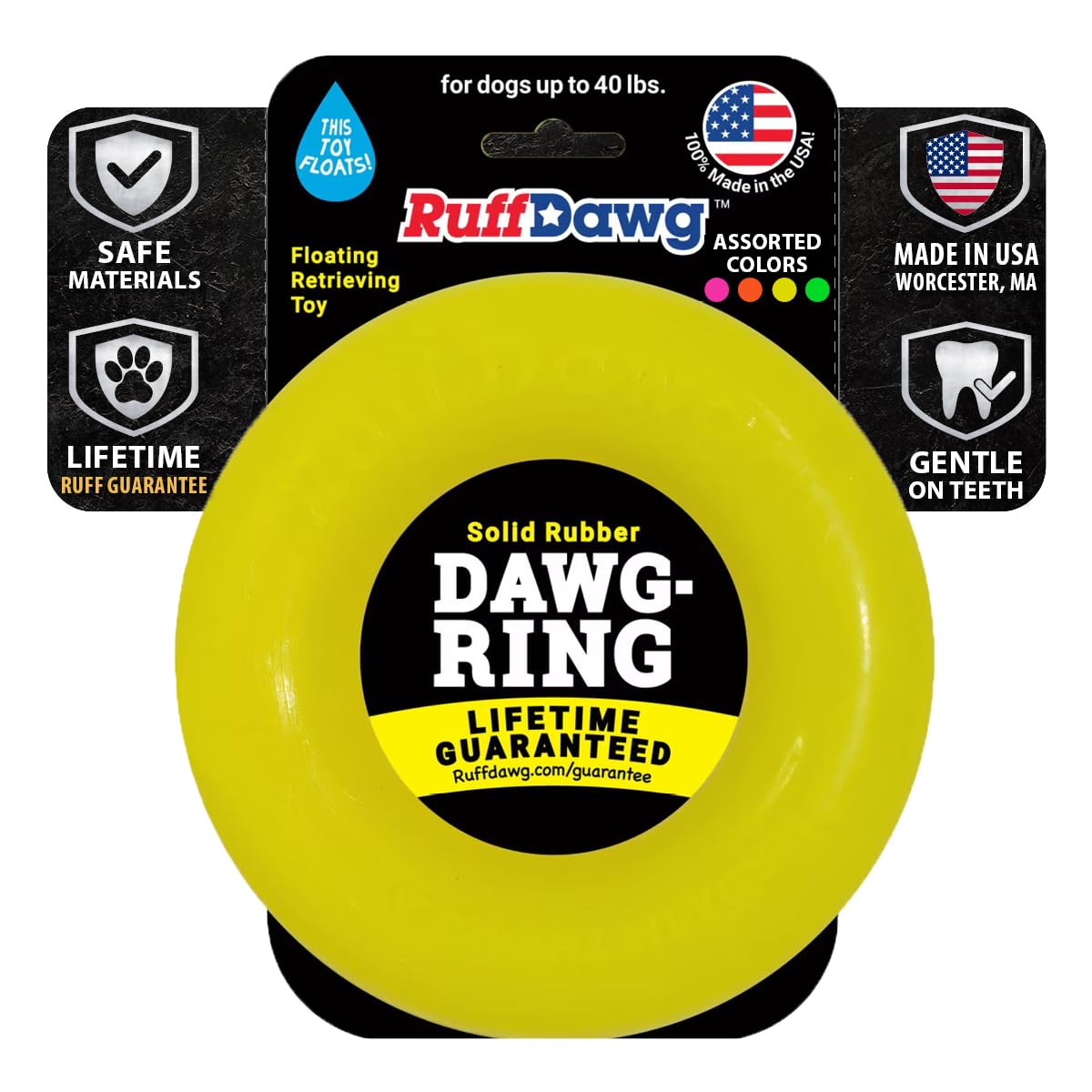 Ruff Dawg Indestructible Dawg-Ring Medium 6” Yellow – Heavy-Duty Solid Rubber Tug & Fetch Toy for Dogs Up to 40 lbs – Floats & Bounces – Made in USA