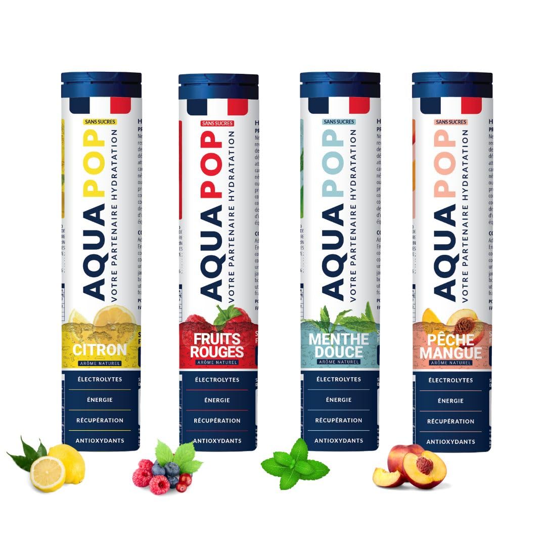 AQUAPOP - Pastilles électrolytes - Pack de 4 tubes - Sans Sucres - Favorise l'hydratation et l'énergie - 80 Comprimés Minéraux et Vitamines - Sport & Bien-être - 4 Pack