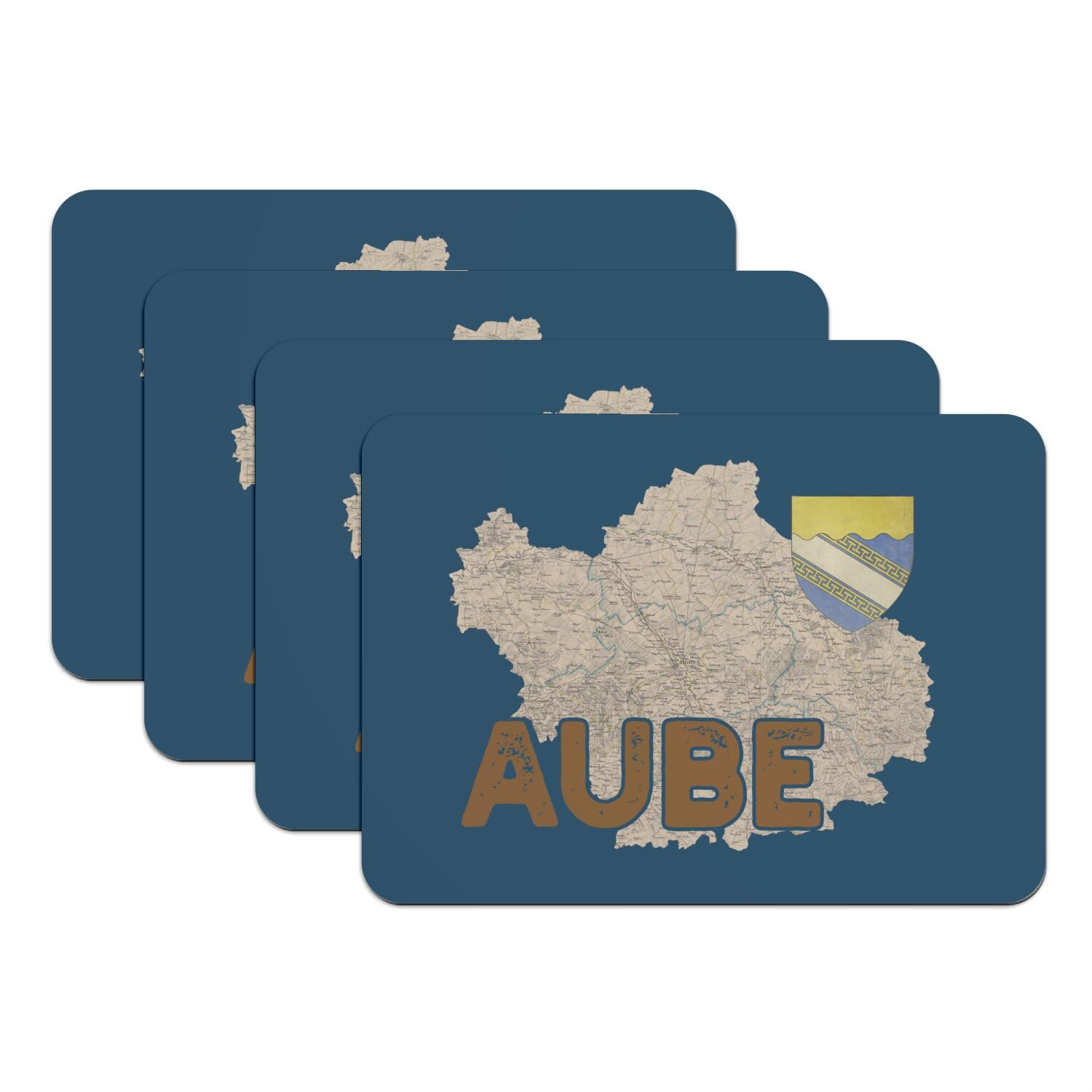 Troyes et l'Aube en grand set de table bleu vintage, cadeau idéal x4