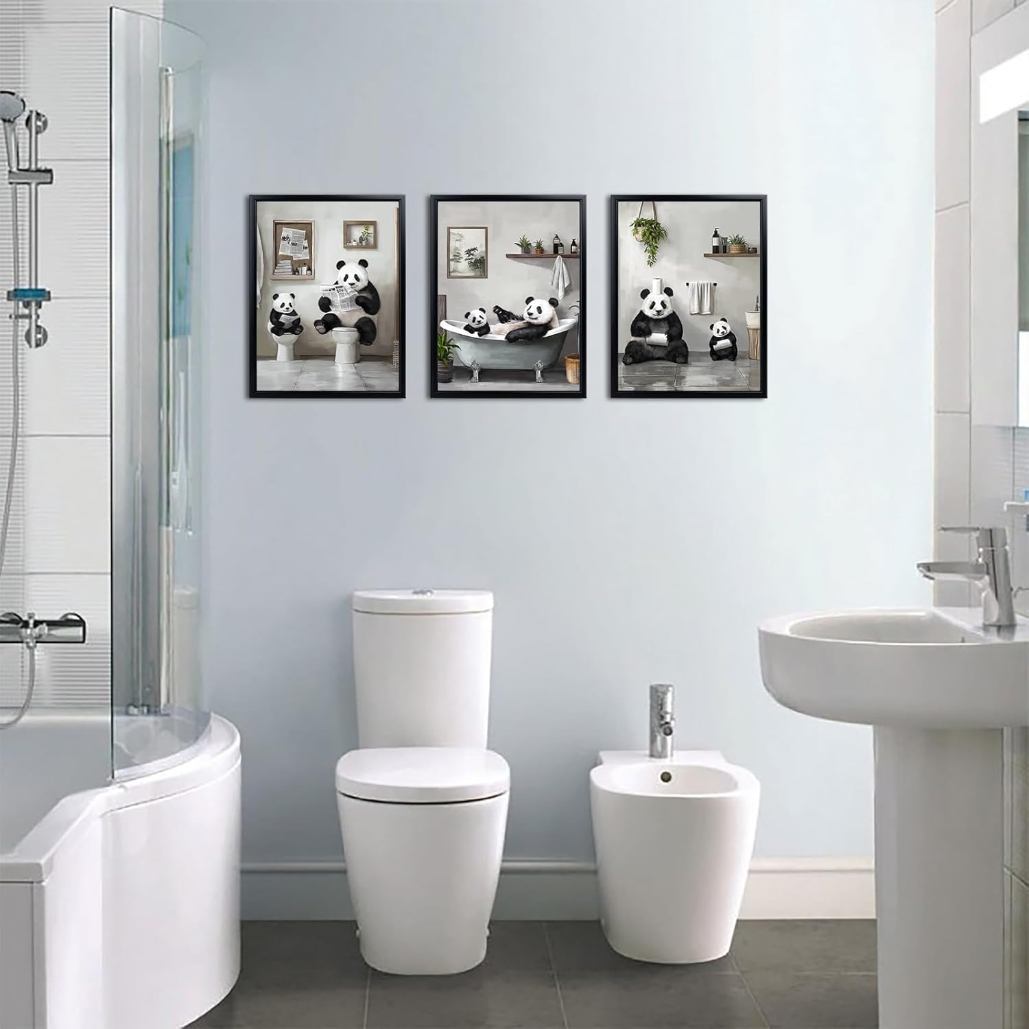 OuElegent Funny Animal Bathroom Wall Decor Animal Bathroom Pictures Panda Wall Art, Set of 3 Black Framed Prints, Black and White Decor, 12 x 16 inches x 3 - Image 3