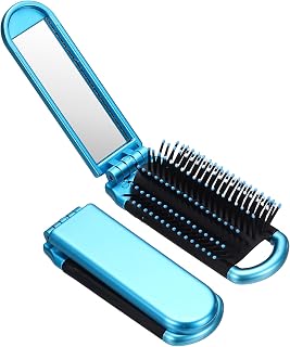 uxcell 2 Pcs Mini Compact Travel Hair Brush, Folding Hairbrush Pocket Hair Brush with Makeup Mirror, Compact Massage Comb for Purse, Women Girls Travel Daily Use, Blue