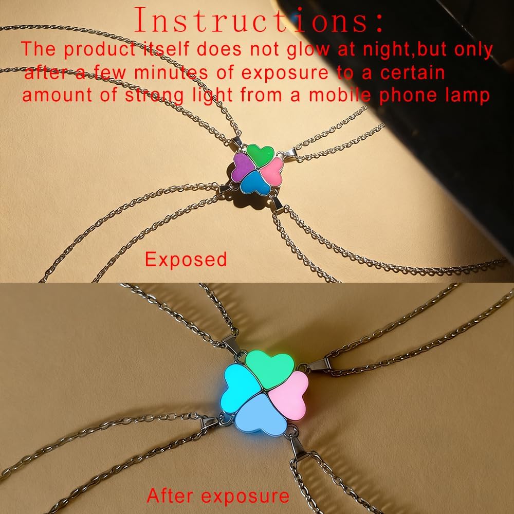 Stainless Steel BFF Friendship Puzzle Pendant Necklace, 4-Piece | Set, Luminous Function
