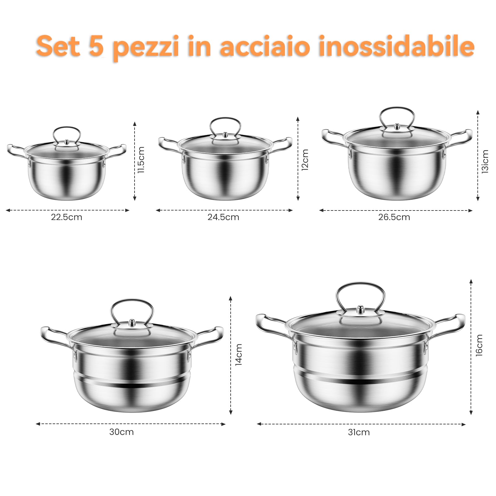 Set di pentole in acciaio inossidabile, set di pentole a induzione da cucina da 12 pezzi, funziona con piani cottura a induzione/gas, set da con coperchio in vetro,non patinato (Argento D)