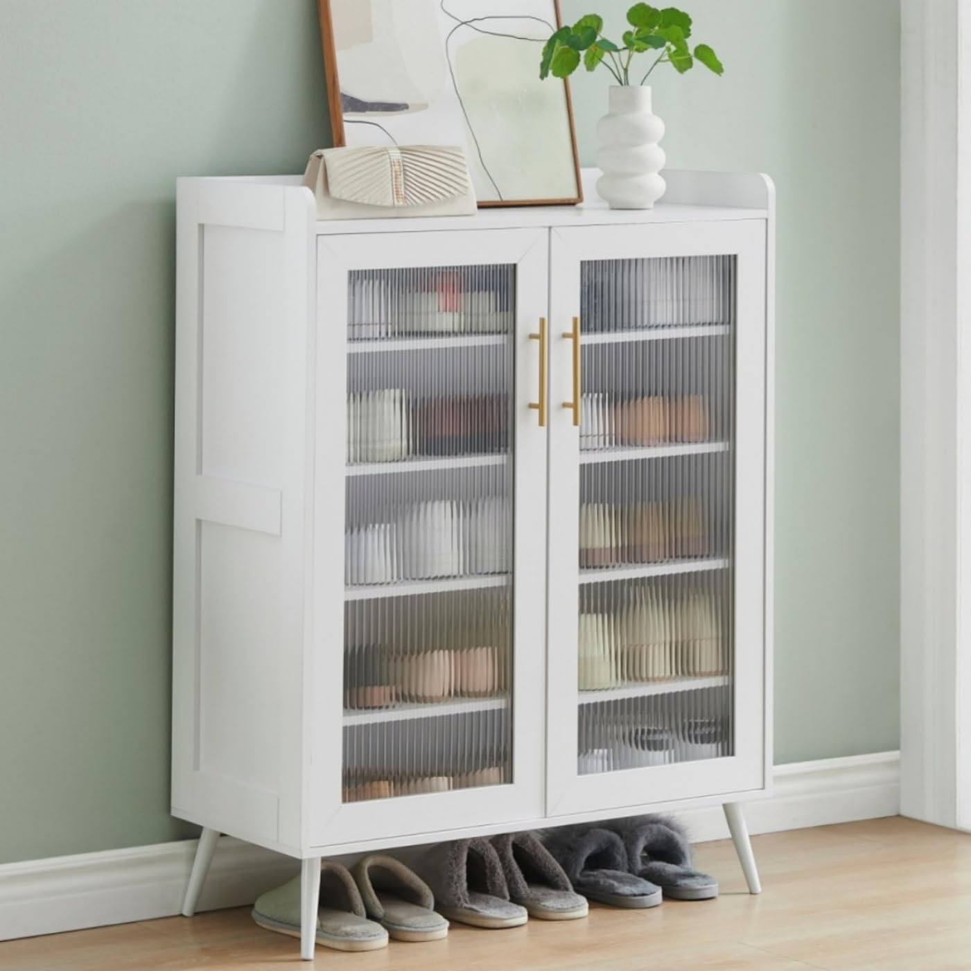 GarveeHome 5-Tier Shoe Cabinet with Ribbed Glass Doors, Hallway Cabinet with Adjustable Shelves and Metal Handles, for Hallway and Living Room, 79 x 35 x 103 cm