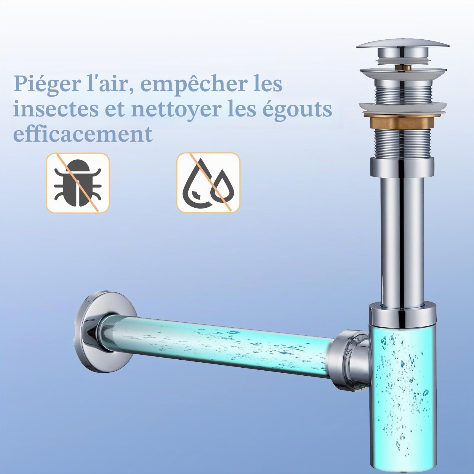 Siphon de Lavabo, Siphon Lavabo Salle De Bain Sans Trop-plein, Réglable Siphon Universel Avec Robinet de Vidange à clapet, Siphon Tubulaire en Zinc Pour Lavabo de Salle de Bain, Chromée