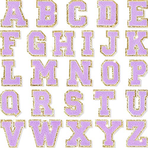 26 Pieces Chenille Letter Patches Iron On Letters Patch Varsity Letter Patches Glitter Chenille Patches A-Z Patch Embroidered Patch Gold Border Sew On Patches for Clothing Hat Shirt Bag (Purple)