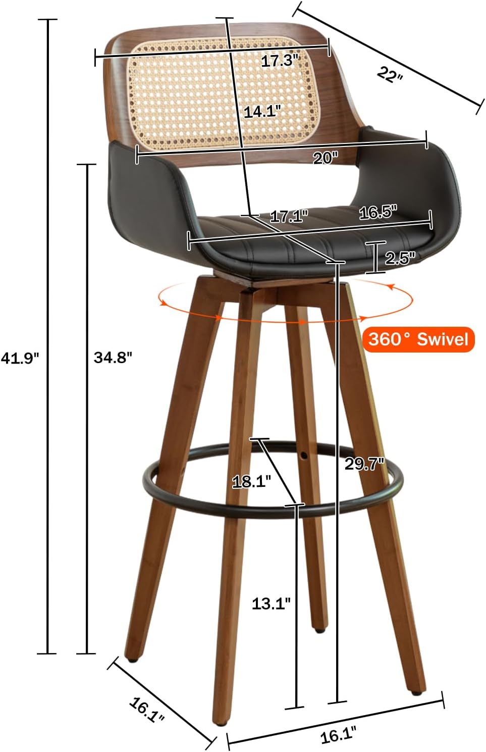 AQG Bar Stools Set of 2, 29.7 Inch Rattan Swivel Bar Height Bar Stools with Cane Back, Upholstered Seat, Faux Leather Bar Chairs for Kitchen Island (Black, 29.7"-2 PCS)