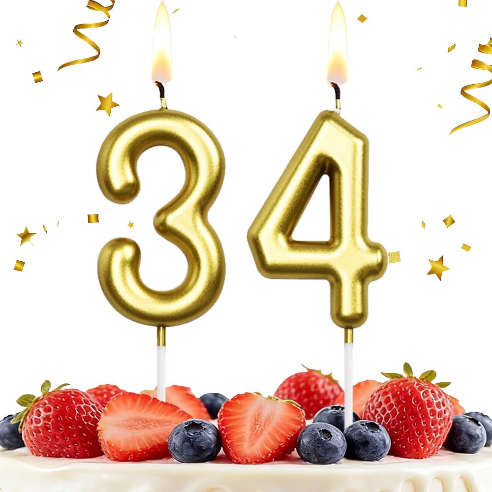 HLWGFJDY 34th Birthday Candles Gold Number 34 Cake Topper Happy Birthday Cake Decorations for 34th Birthday Party, Gold Candles for Birthday Anniversary Celebration Party Supplies（Large Size）