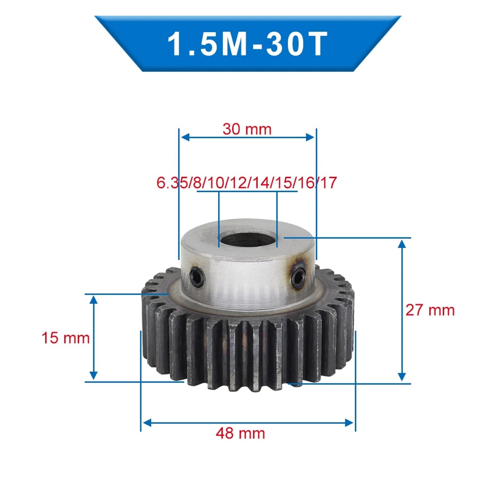 Bevel Gear Pinion Hardware Mechanical 1pcs 1.5M30T Spur Gear Bore Size 6.35/8/10/12/14/15/16/17mm Pinion Gear Low Carbon Steel Gear Wheel for Motor(8mm)