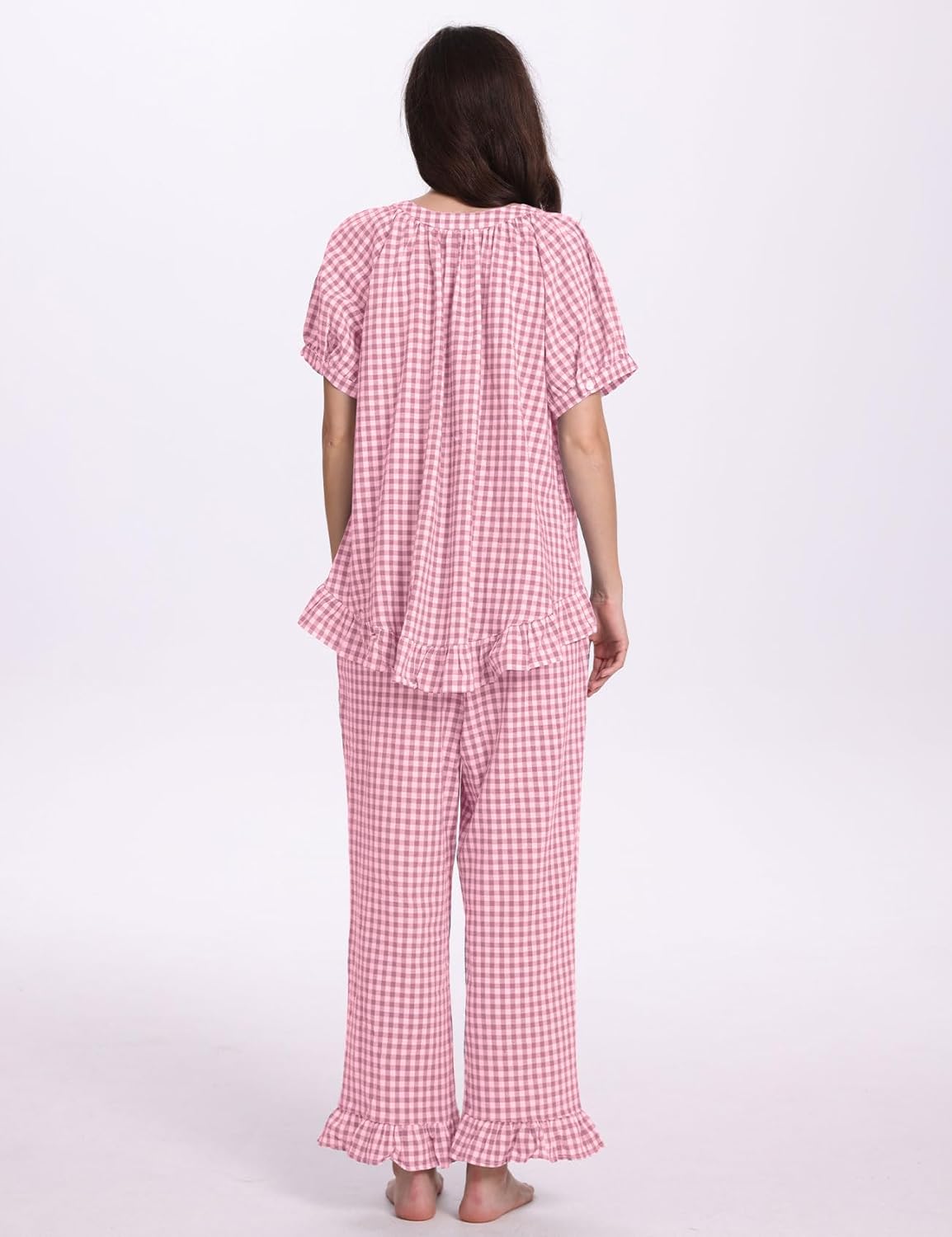 PEHMEA Womens Plaid 2 Piece Cotton Gingham Pajama Sets Short Sleeve Babydoll Shirt Ruffle Pants Y2K Lounge PJS Cute Sleepwear - Image 4