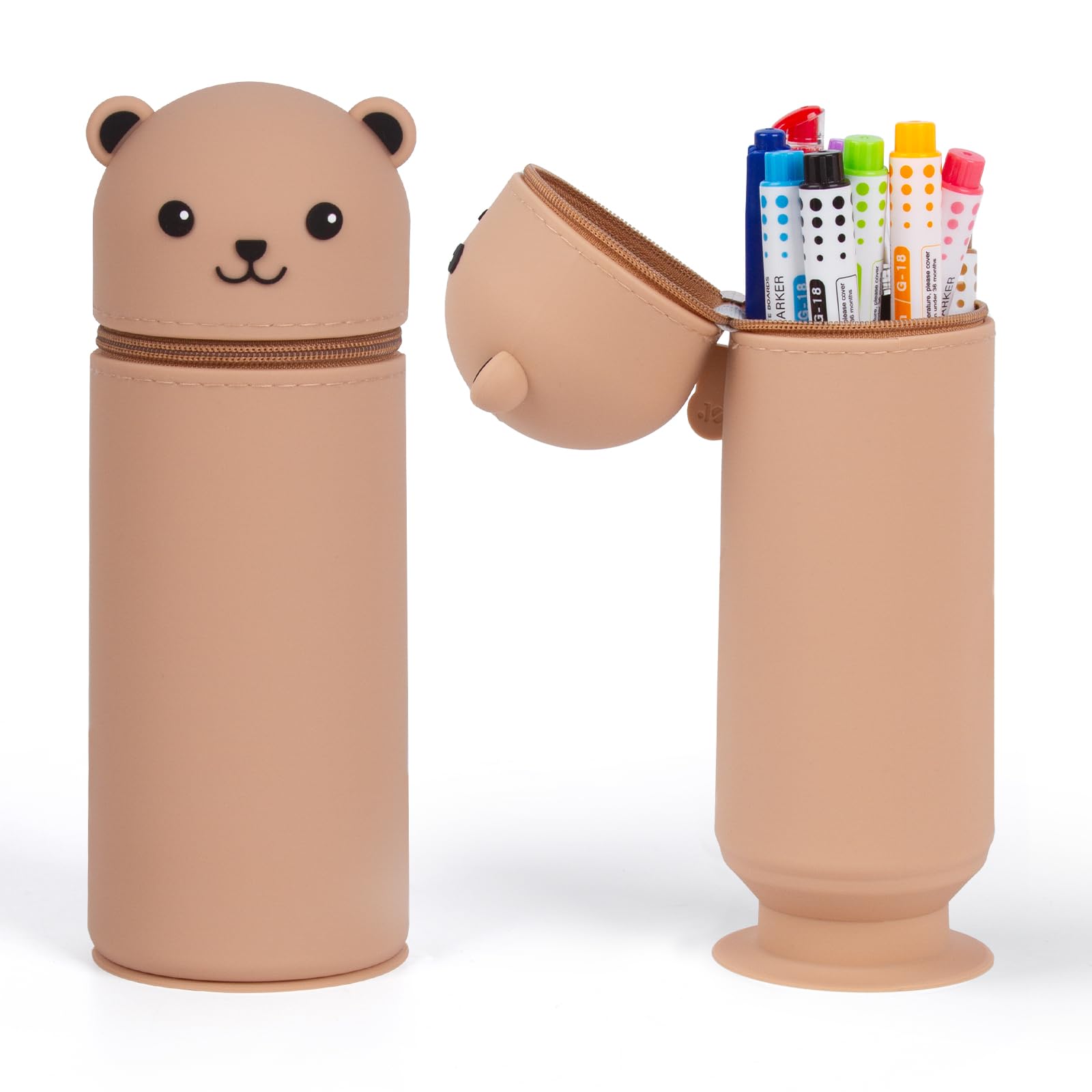 ECOSEAO 2-in-1 Silikon Federmäppchen, Weiche Silikontasche, Mäppchen mit Reißverschluss, Kawaii Tischstifthalter, Stand Up Federmäppchen für Schule & Büro Geschenke für Jungen und Mädchen(Braun)