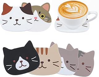 Lot de 6 Dessous de Verre Chat en Silicone, Set de sous-Verres Mignons, Anti-dérapants & Résistants à la Chaleur, Dessous de Plat Cadeau pour Amoureux des Chats