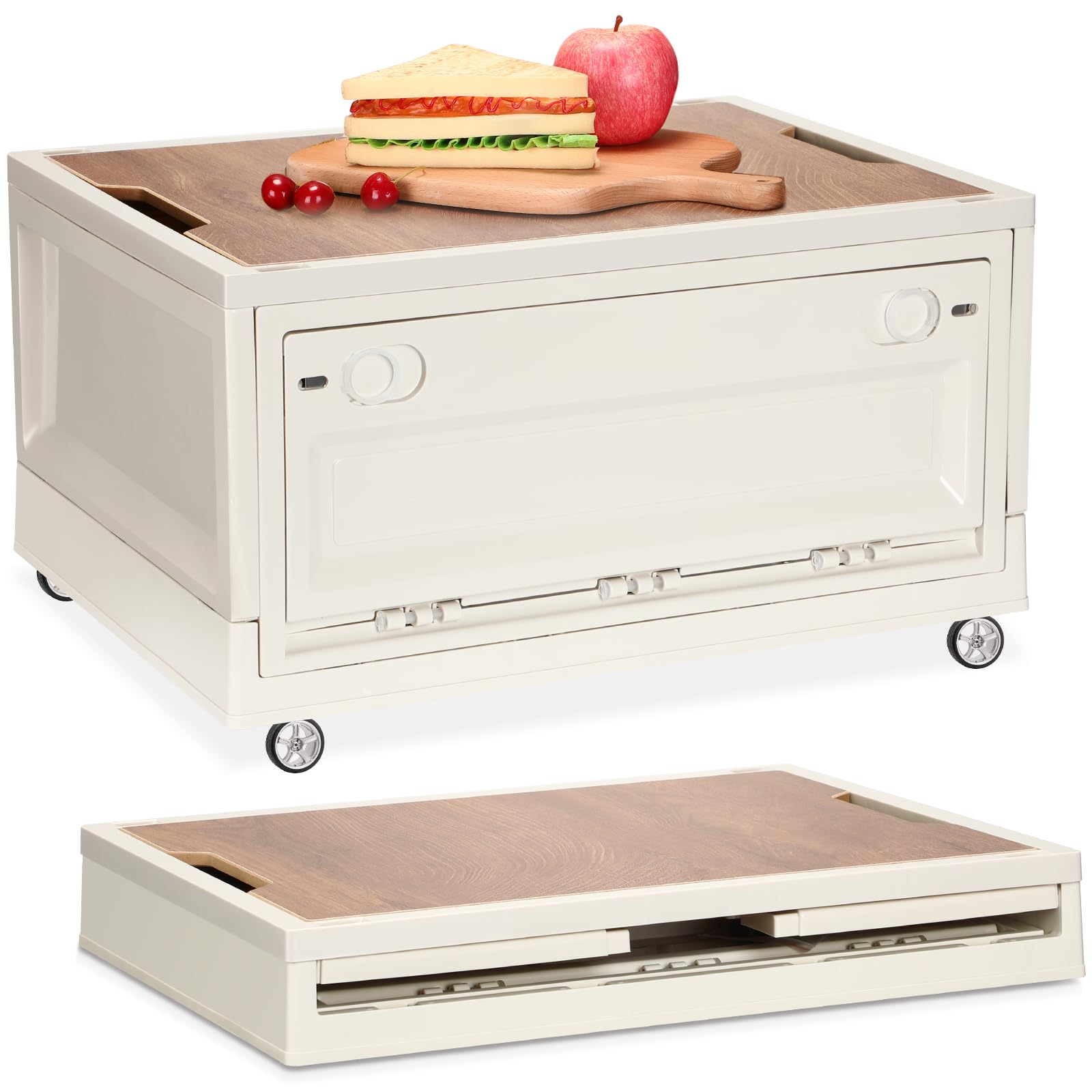 2 Pcs Foldable Camping Storage Bins with Wood Placemat Lids Wheels, Collapsible Heavy Duty High Capacity Portable 3 Door Plastic Storage Box for Camping Car Trunk Storage(White, Medium)