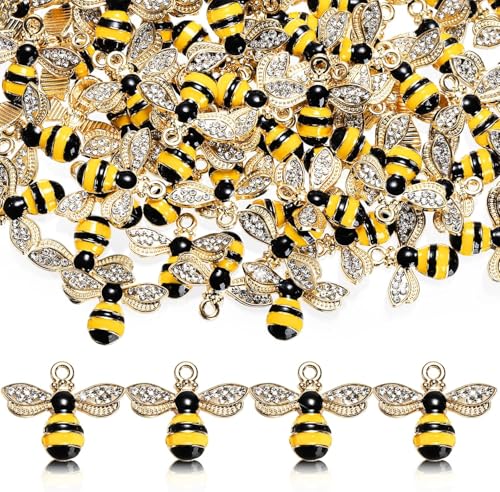 Youeon 100 Pcs Cute Metal Bee Charms for Jewelry Making Enamel Bee Pendants with Rhinestones for Necklaces Bracelets Earrings DIY Crafts Honey Jars Nail Art