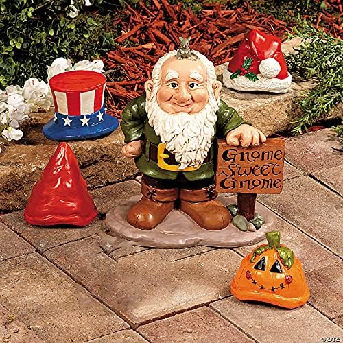 Paity Gnome Garden Statue with 4 Interchangeable Hats, Gnome Greeter Decor, Garden Gnome for Indoor or Outdoor Decorations, for Christmas, Halloween, Independence Day Garden Statues Decoration