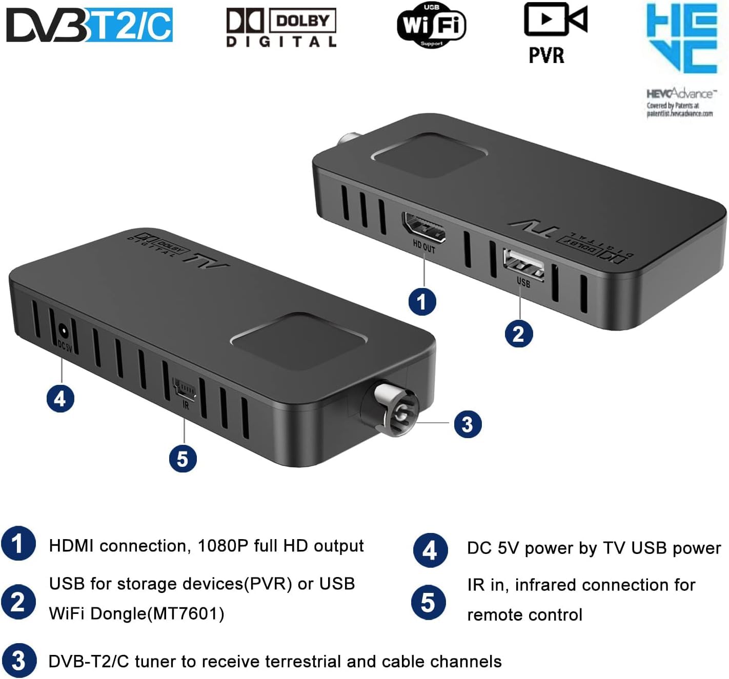 DCOLOR Decoder DVB-T2 Decoder Digitale Terrestre 2025, Mini Chiavetta TV HDMI Nascosta Dietro, DVB-T2 HDMI TV Stick, HD 1080P H265 HEVC Main 10 Bit, Supporto USB WiFi/PVR