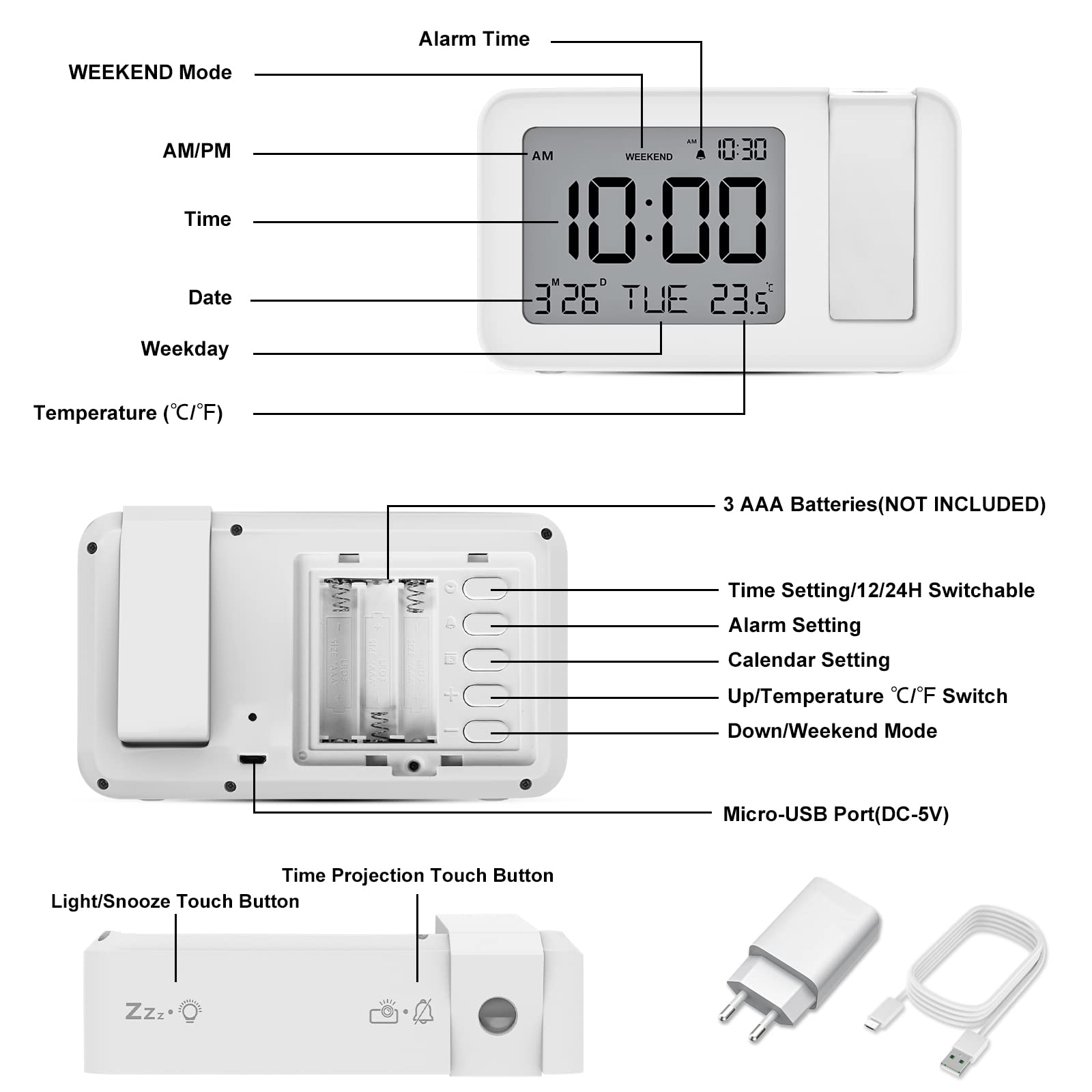 CHEREEKI Sveglia con Proiettore Soffitto, Sveglia da Comodino Digitale con 120° di Rotazione Proiettore,Temperatura, 4 Livelli Luminosità e Snooze, Calendario e Il Giorno, Bianco