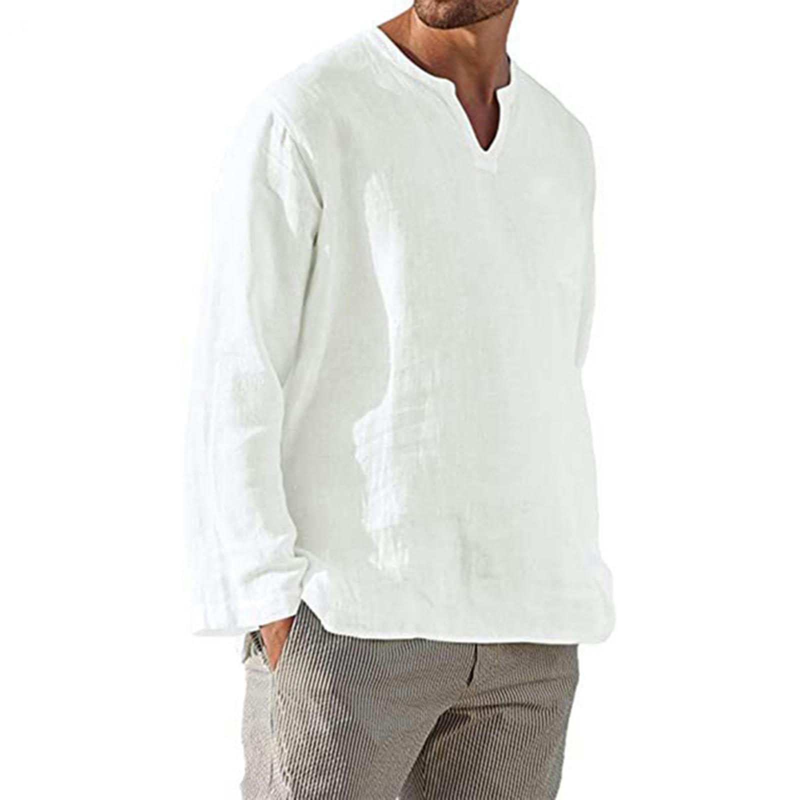 Uomo Maglia a Maniche Lunghe in Cotone Camicia di Lino Uomini Breve Traspirante Comodo Colore Solido Manica Lunga Camicetta Casuale-Bianco-5Xl