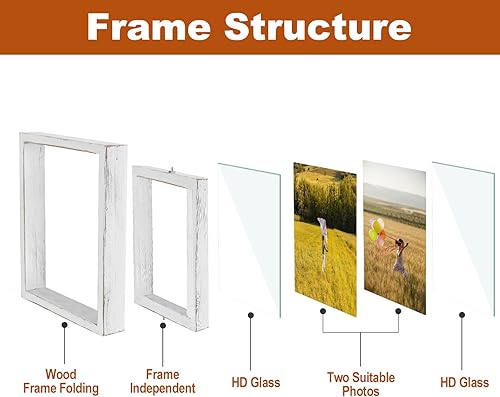 Miniatura 4 de Egofine Paquete de 2 portarretratos flotantes giratorios de 5 x 7, pantalla de doble cara con frente de vidrio HD, marco de madera envejecida para