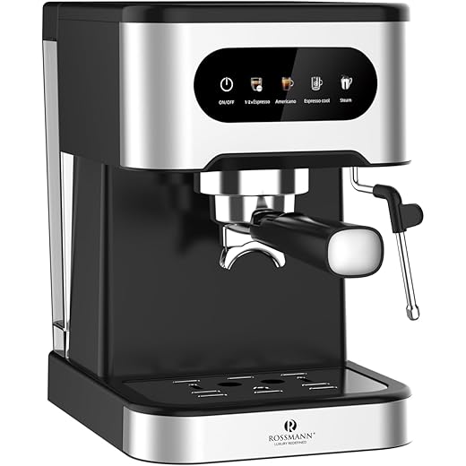 Rossmann Espresso Coffee Maker, 20 Bar Pressure Italian Ulka Pump, 1350 Watts Quick Heating Thermo Block, Easy to Use Touch Screen with 4 in 1 Funtions,1.5 Lit Water Tank, SS Frothing Wand.