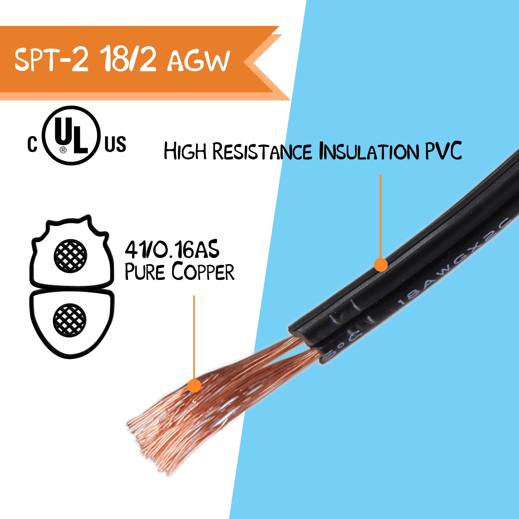 Cable conductor de calibre 18, cable negro SPT-2 de 100 pies, cable trenzado de 18 AWG, cable eléctrico de entierro directo para iluminación de paisaje