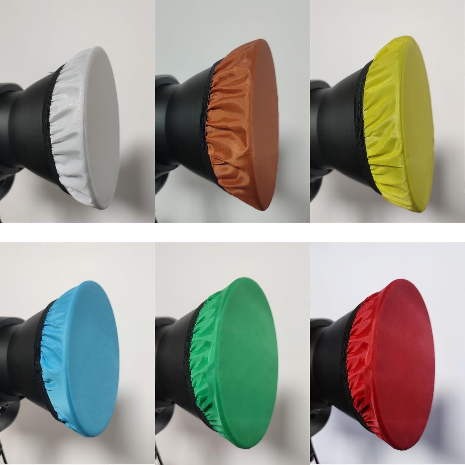 Paquete de 6 calcetines difusores de luz suaves con banda elástica para reflector estándar de 18 cm, rojo, amarillo, azul, marrón, verde, blanco para reflector de montaje Bowen estándar de