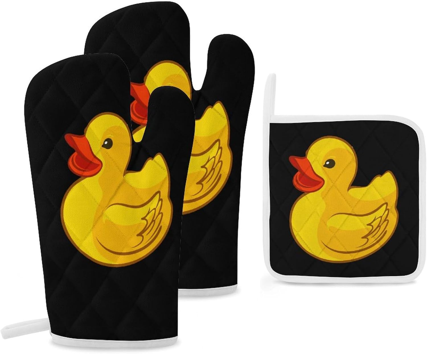 Rubber Yellow Duck Print Oven Mitts and Pot Holders 3 Piece Sets Heat Resistant Gloves Hot Pads Potholders for Kitchen Baking Cooking