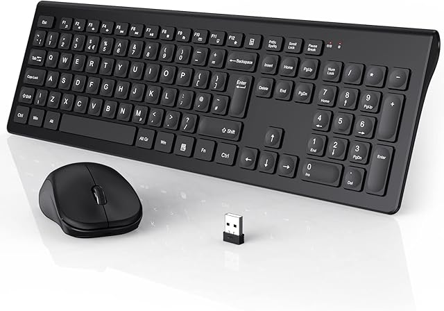 Wireless Keyboard and Mouse Set UK, Energy Saving, 2,4 GHz Ergonomic Full Size Keyboard with Micro Concave Keycaps, Silent Cordless Mouse, for Windows, Computer, PC, Laptop, Home Office - Black