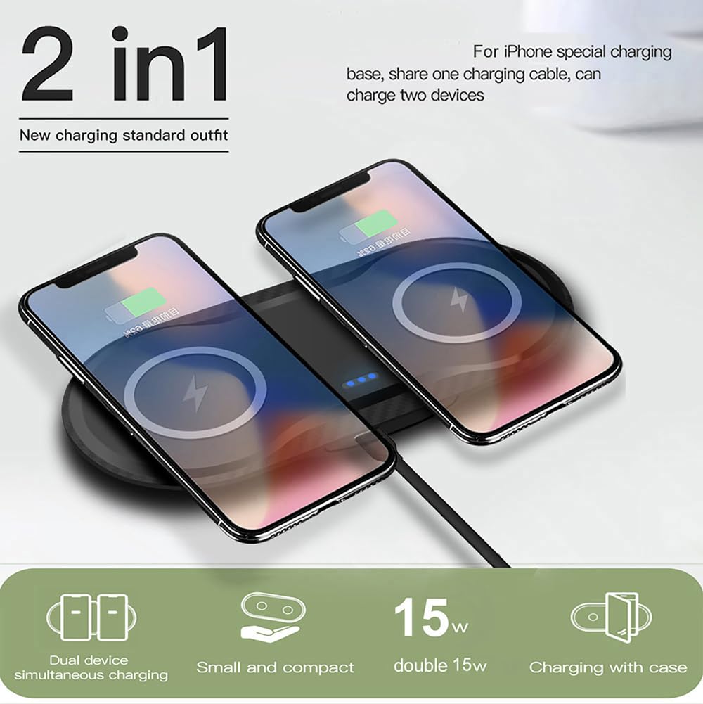 2 Cargadores inalámbricos Dobles de 15 W para múltiples Dispositivos, Almohadilla de Carga inalámbrica rápida de 30 W para Apple iPhone, AirPods, teléfono Samsung, Google Pixel y Todos los