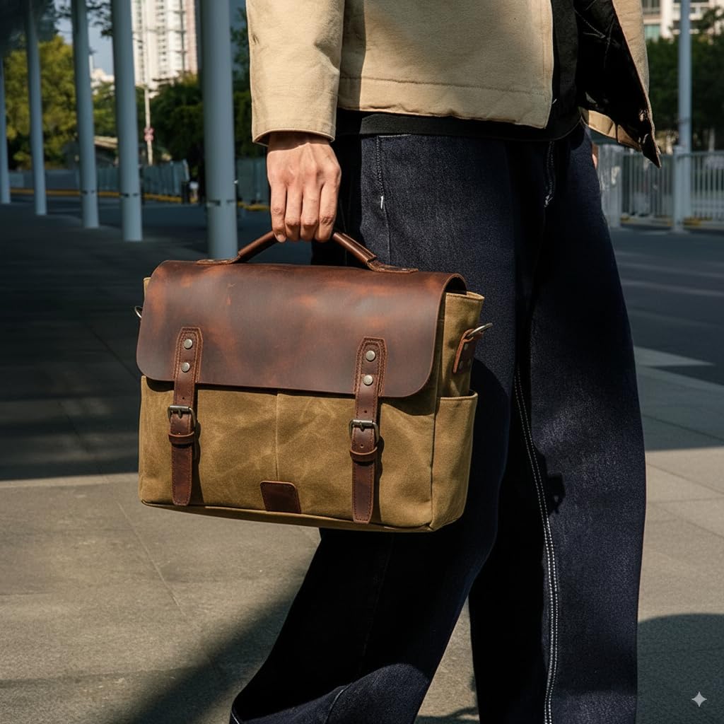 Men Leather Vintage Canvas Canvas Waterproof Shoulder Bag per Ufficio Scuola Università Giorno a Giorno Marrone - Dettaglio