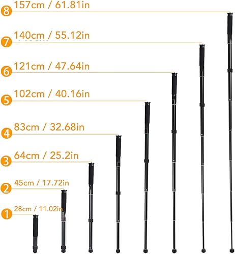 Miniatura 6 de Monopod de cámara de 62 pulgadas, monopie resistente de 8 secciones, poste de senderismo de aluminio para fotografía con tornillo de conversión de