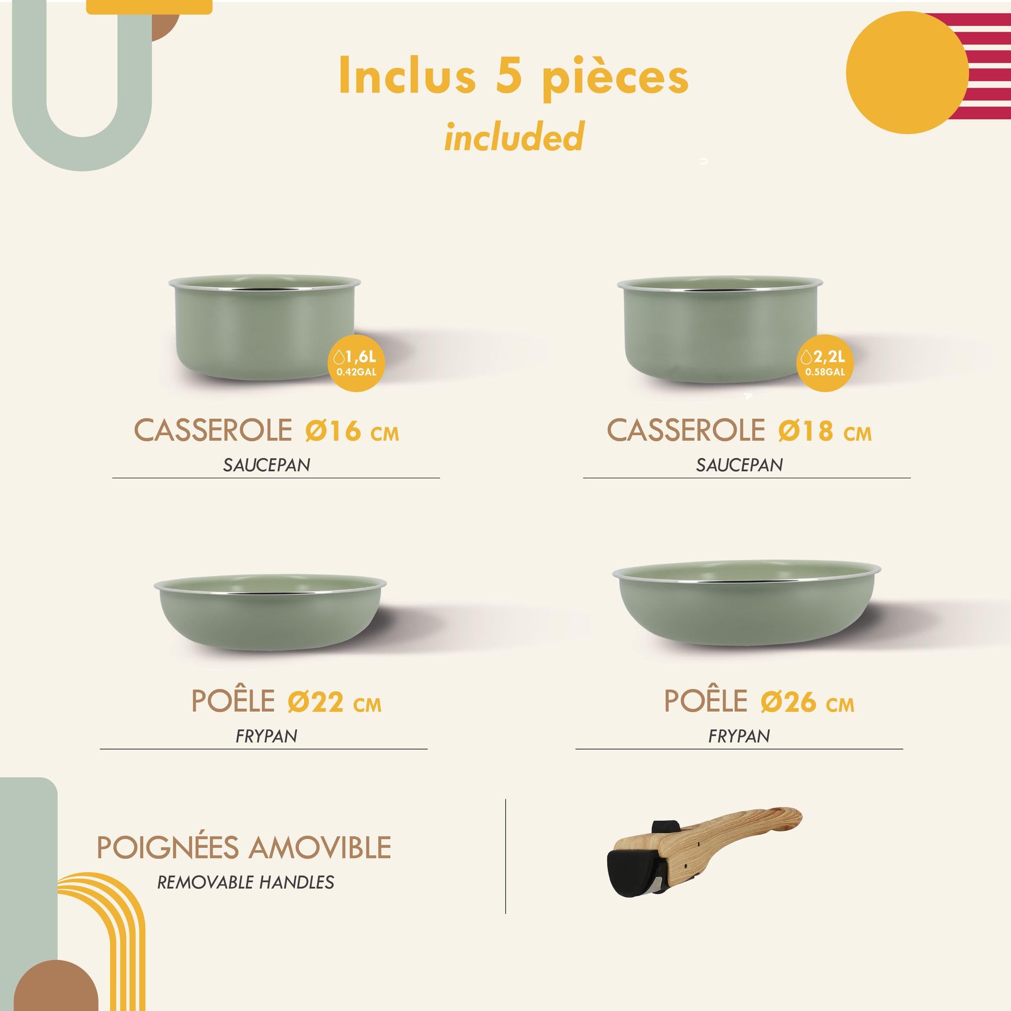 MENASTYL - Batterie de Cuisine Amovible Empilable - Tous Feux Dont Induction - Revêtement Céramique Antiadhésif sans PFAS - Gamme Colorama - Couleur Céladon - 2 Poêles + 2 Casseroles + 1 Poignée