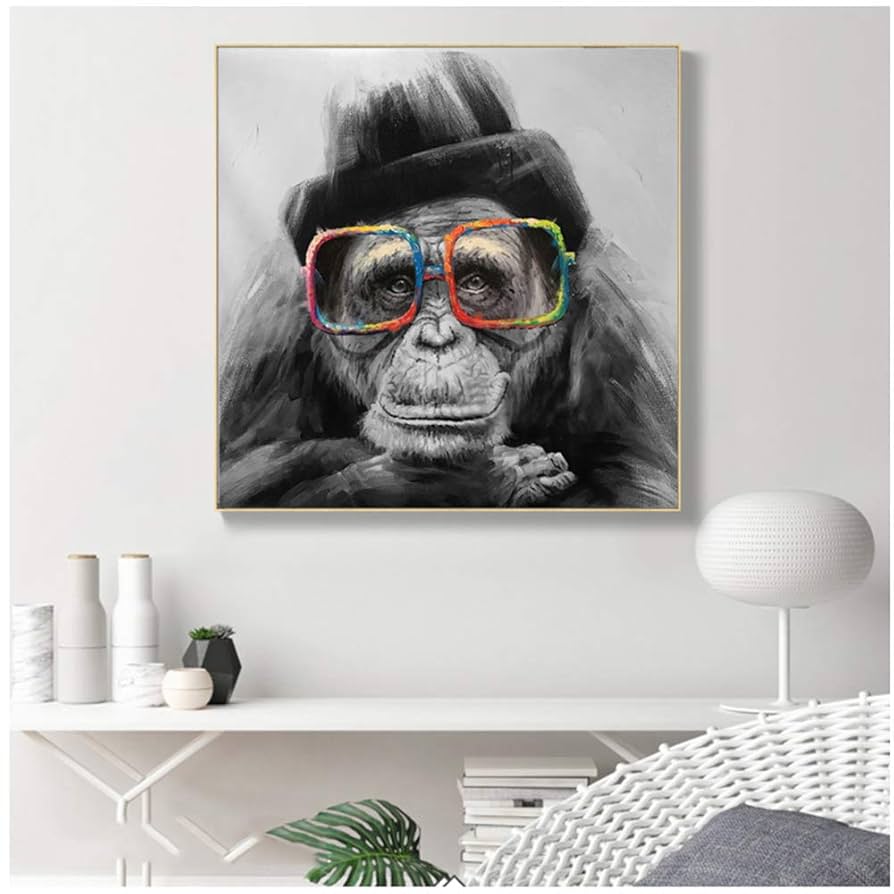 Amazon.co.jp: 猿とメガネアートキャンバスポスタープリント白黒